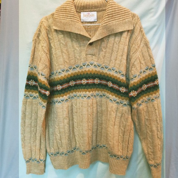 Vintage 1970's Jantzen Collared Single Button Sweater Fair Isle Nordic XL T-347 - Picture 2 of 13